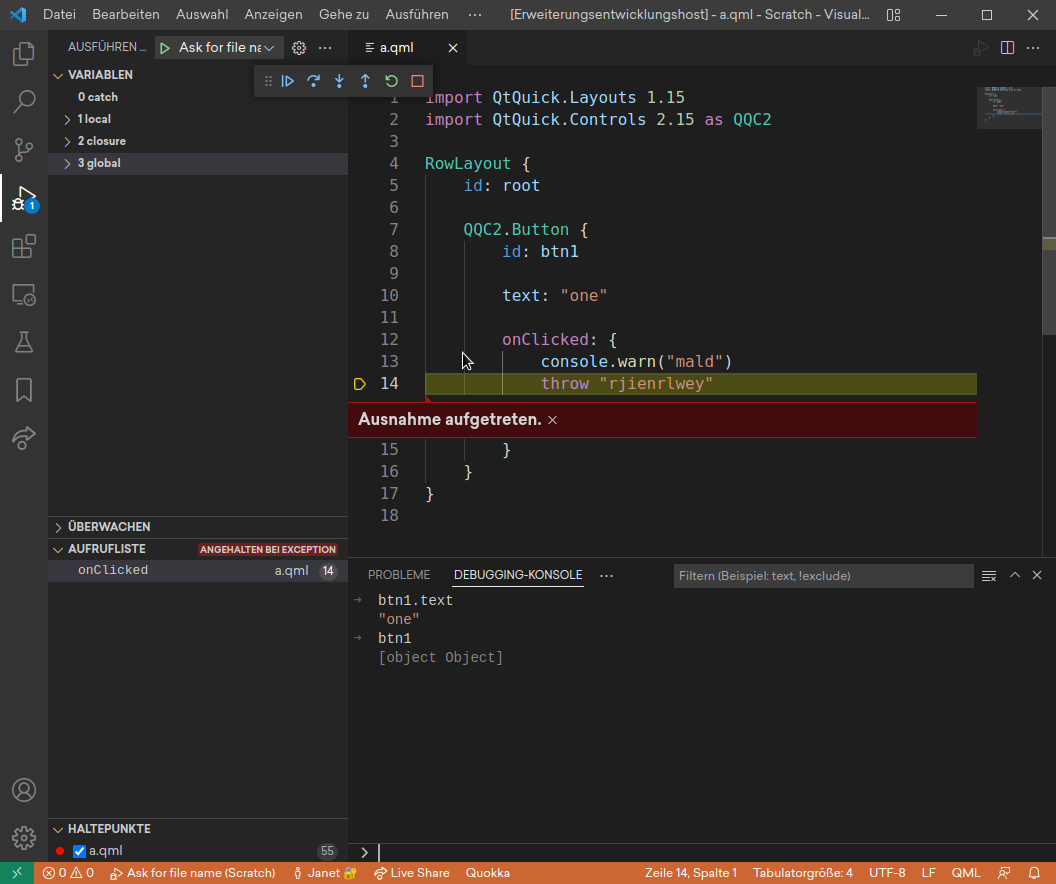 A screenshot of QML DAP providing debugger functionality for QML in VSCode